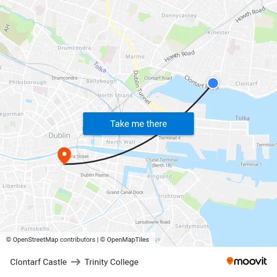 Clontarf Castle to Trinity College map