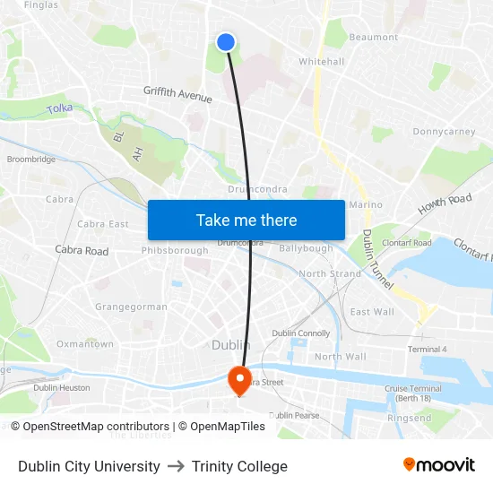 Dublin City University to Trinity College map