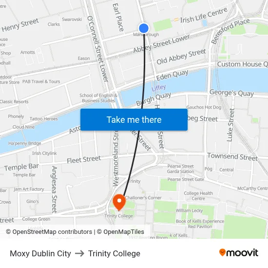 Moxy Dublin City to Trinity College map