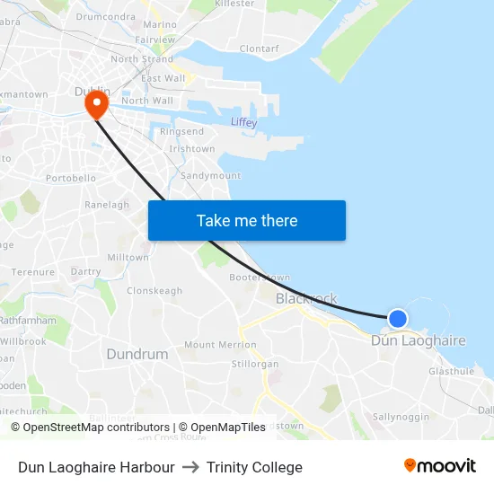 Dun Laoghaire Harbour to Trinity College map