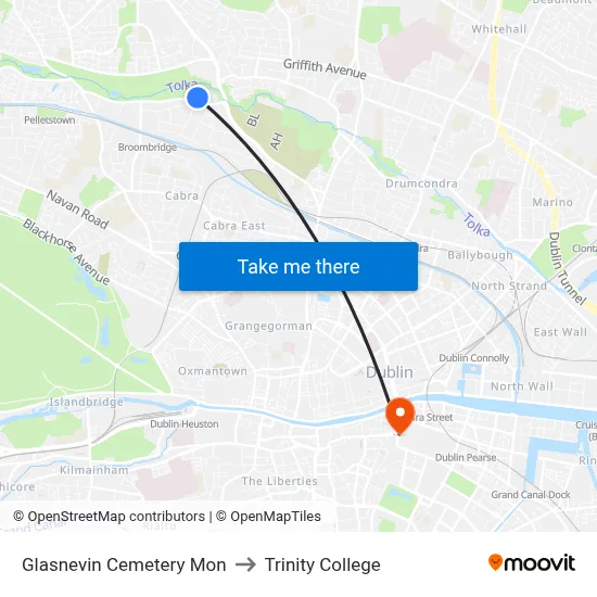 Glasnevin Cemetery Mon to Trinity College map