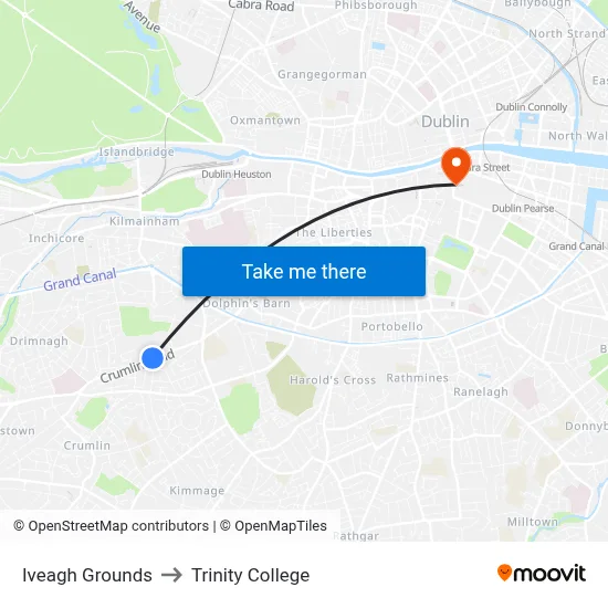 Iveagh Grounds to Trinity College map
