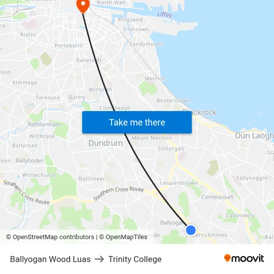 Ballyogan Wood Luas to Trinity College map