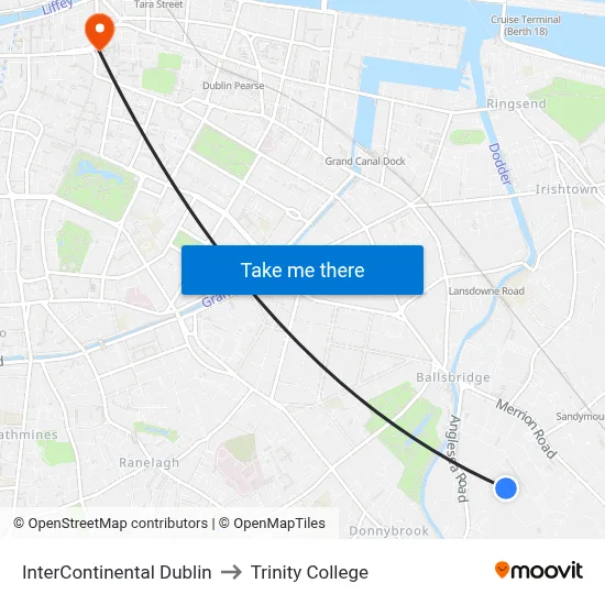 InterContinental Dublin to Trinity College map