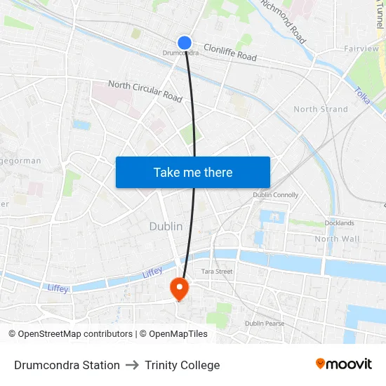 Drumcondra Station to Trinity College map