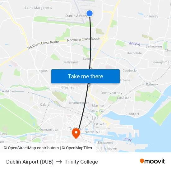 Dublin Airport (DUB) to Trinity College map