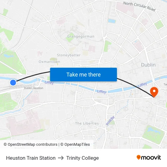 Heuston Train Station to Trinity College map