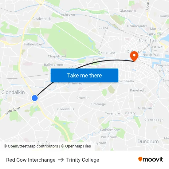 Red Cow Interchange to Trinity College map