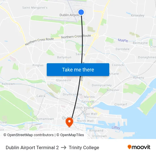 Dublin Airport Terminal 2 to Trinity College map