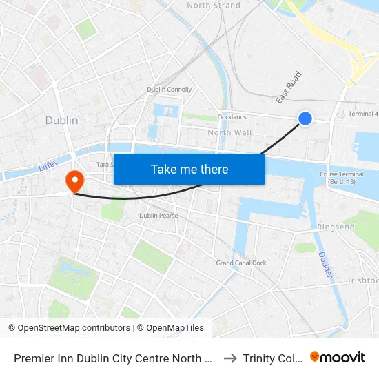 Premier Inn Dublin City Centre North Docklands to Trinity College map