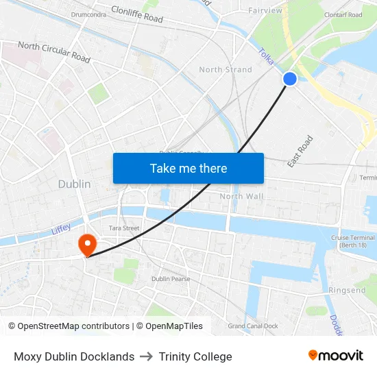 Moxy Dublin Docklands to Trinity College map