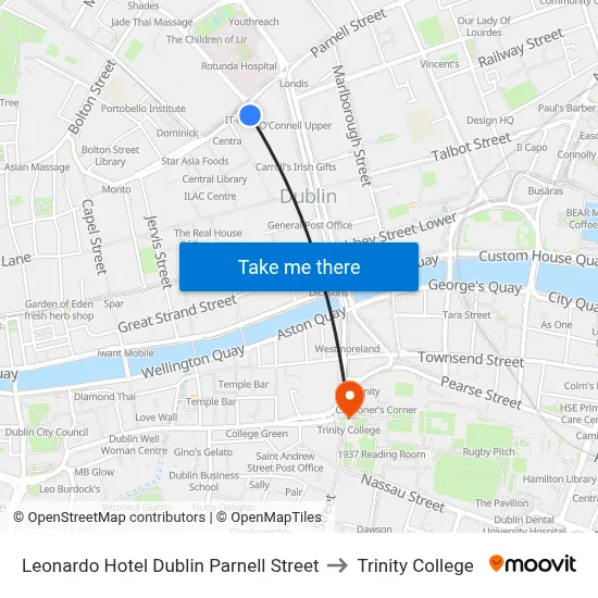 Leonardo Hotel Dublin Parnell Street to Trinity College map