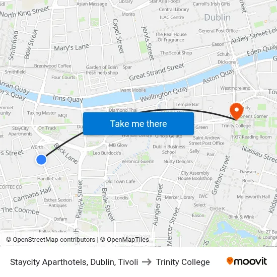 Staycity Aparthotels, Dublin, Tivoli to Trinity College map