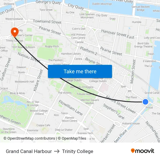 Grand Canal Harbour to Trinity College map