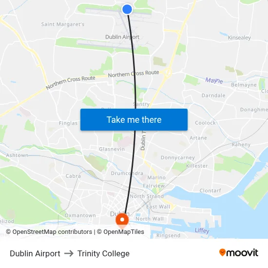 Dublin Airport to Trinity College map