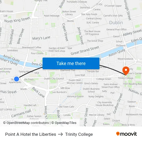 Point A Hotel the Liberties to Trinity College map