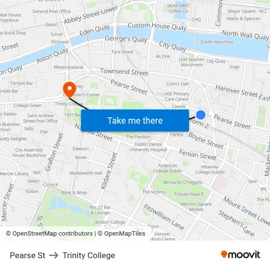 Pearse St to Trinity College map