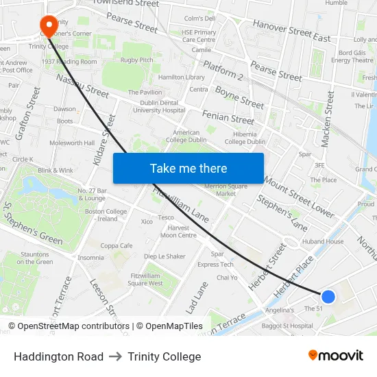 Haddington Road to Trinity College map