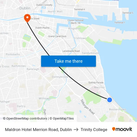 Maldron Hotel Merrion Road, Dublin to Trinity College map