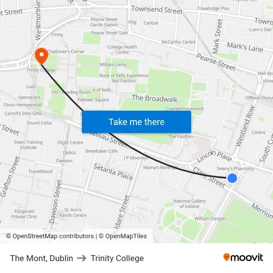 The Mont, Dublin to Trinity College map