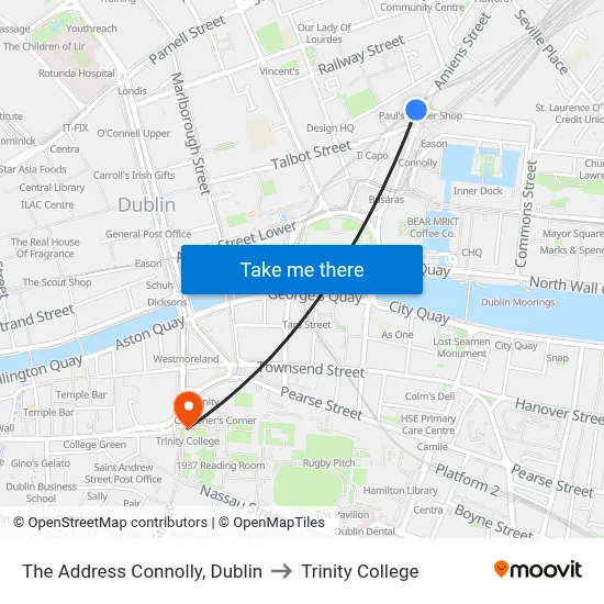 The Address Connolly, Dublin to Trinity College map