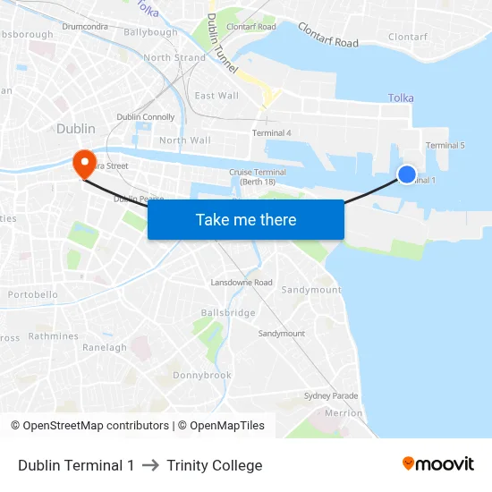Dublin Terminal 1 to Trinity College map