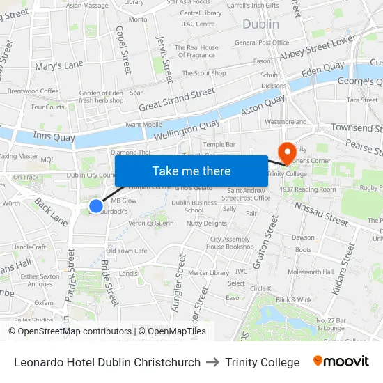 Leonardo Hotel Dublin Christchurch to Trinity College map
