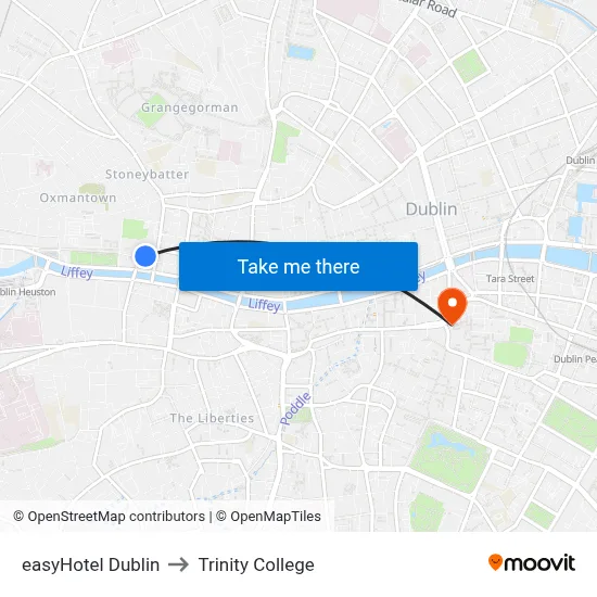 easyHotel Dublin to Trinity College map