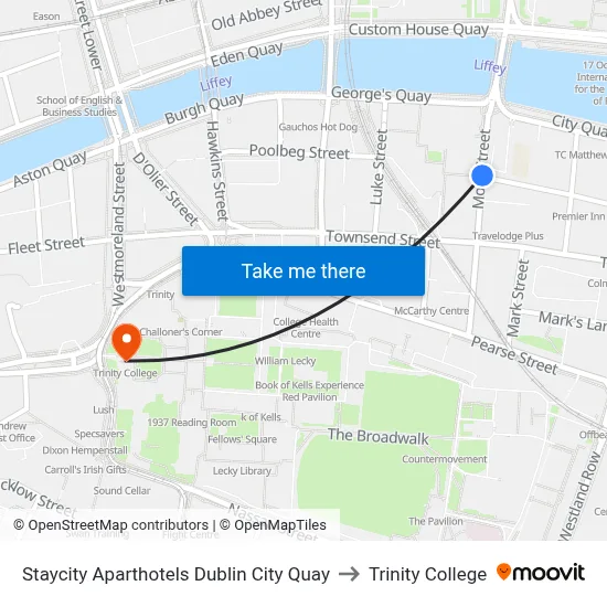 Staycity Aparthotels Dublin City Quay to Trinity College map