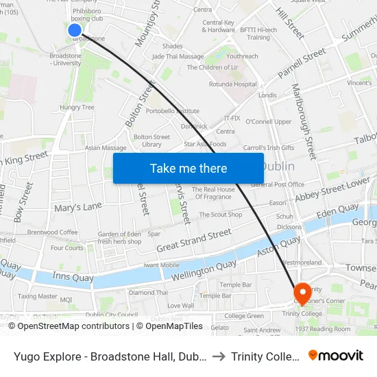 Yugo Explore - Broadstone Hall, Dublin to Trinity College map