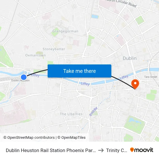Dublin Heuston Rail Station Phoenix Park &amp; Dublin Zoo to Trinity College map