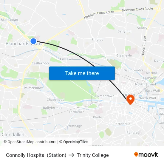 Connolly Hospital (Station) to Trinity College map