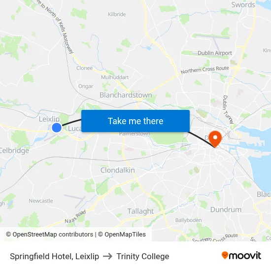 Springfield Hotel, Leixlip to Trinity College map