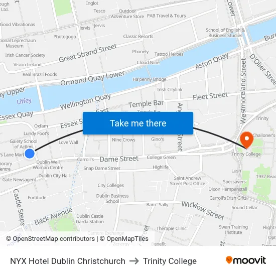 NYX Hotel Dublin Christchurch to Trinity College map