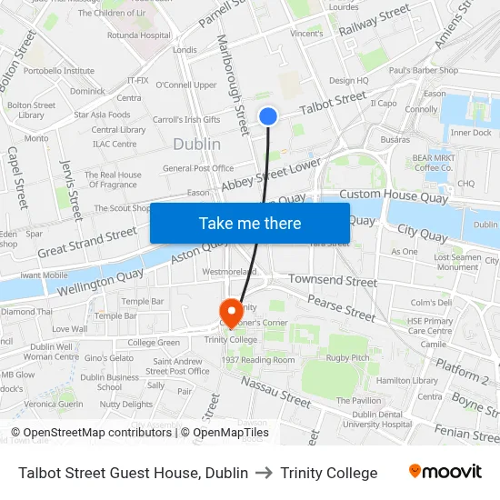 Talbot Street Guest House, Dublin to Trinity College map