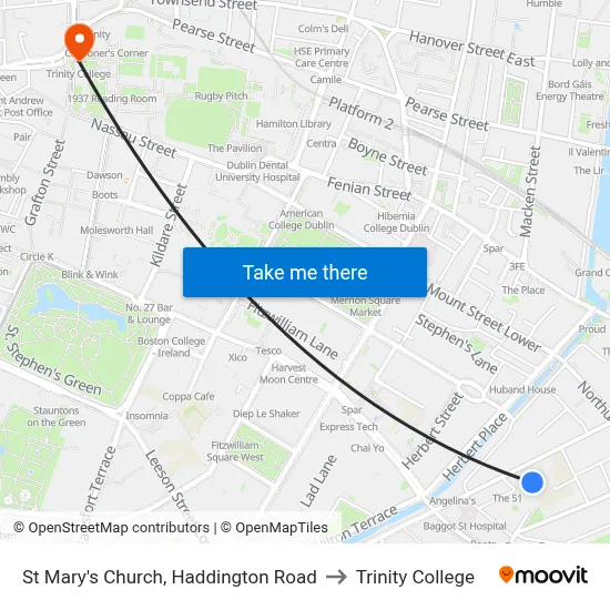 St Mary's Church, Haddington Road to Trinity College map
