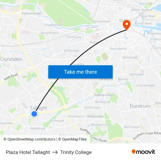 Plaza Hotel Tallaght to Trinity College map