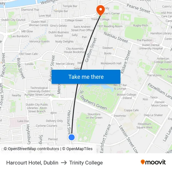Harcourt Hotel, Dublin to Trinity College map