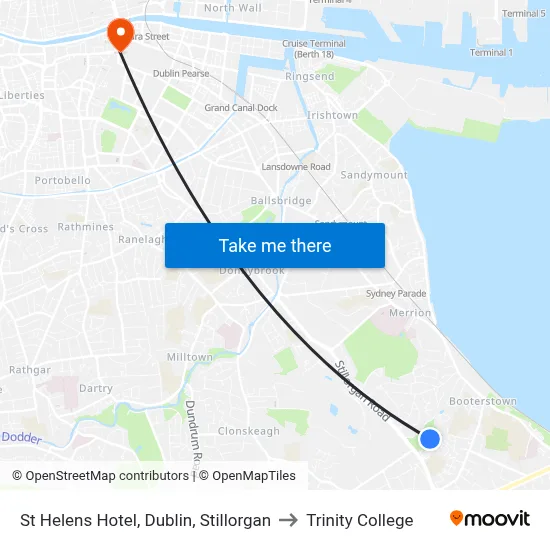 St Helens Hotel, Dublin, Stillorgan to Trinity College map