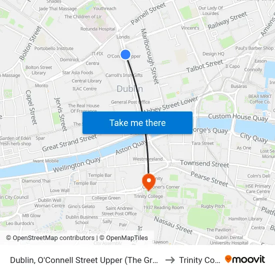 Dublin, O'Connell Street Upper (The Gresham Hotel) to Trinity College map