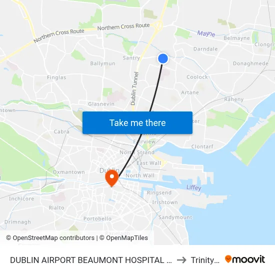 DUBLIN AIRPORT BEAUMONT HOSPITAL Marie's Bed and Breakfast, Coolock to Trinity College map