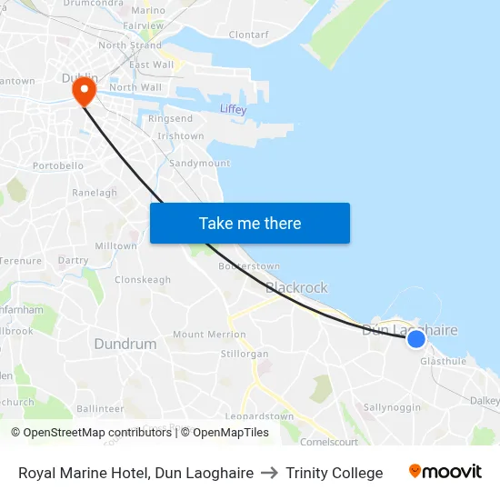 Royal Marine Hotel, Dun Laoghaire to Trinity College map