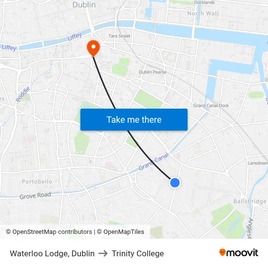 Waterloo Lodge, Dublin to Trinity College map