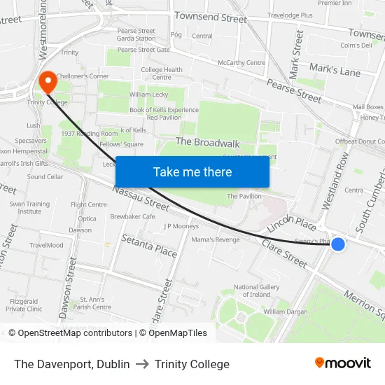 The Davenport, Dublin to Trinity College map