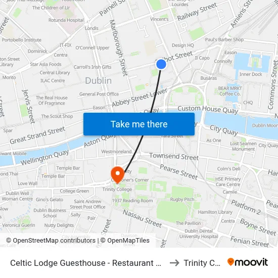 Celtic Lodge Guesthouse - Restaurant &amp; Bar, Dublin to Trinity College map