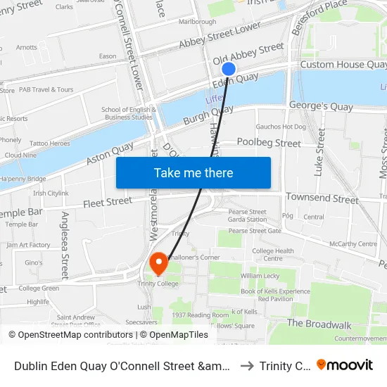 Dublin Eden Quay O'Connell Street &amp; Marlborough Street to Trinity College map