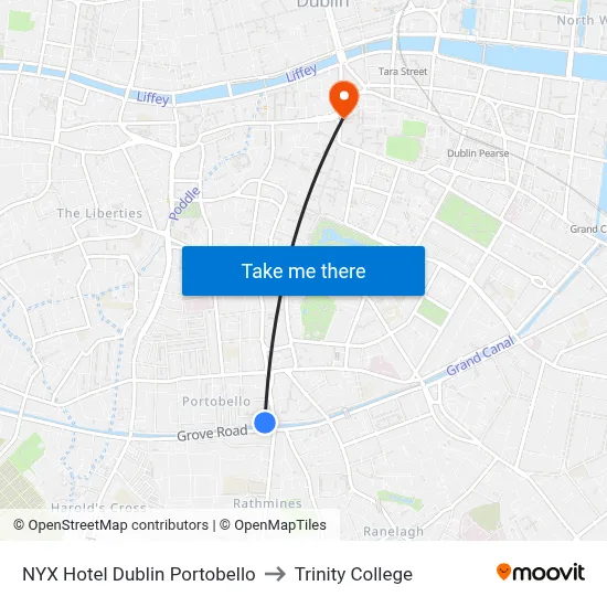 NYX Hotel Dublin Portobello to Trinity College map