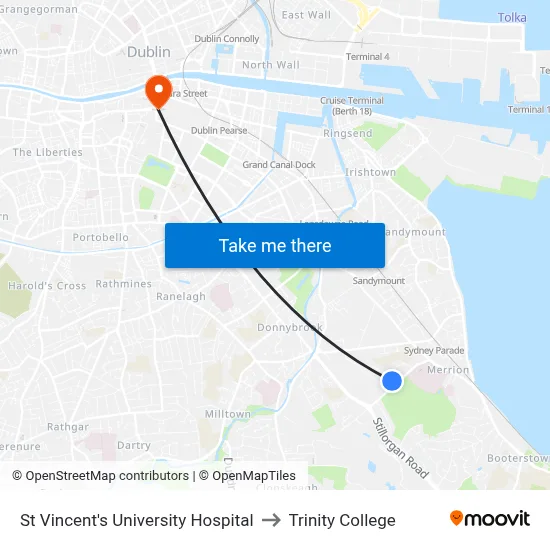 St Vincent's University Hospital to Trinity College map