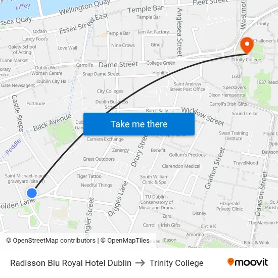 Radisson Blu Royal Hotel Dublin to Trinity College map