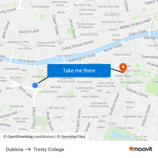 Dublinia to Trinity College map